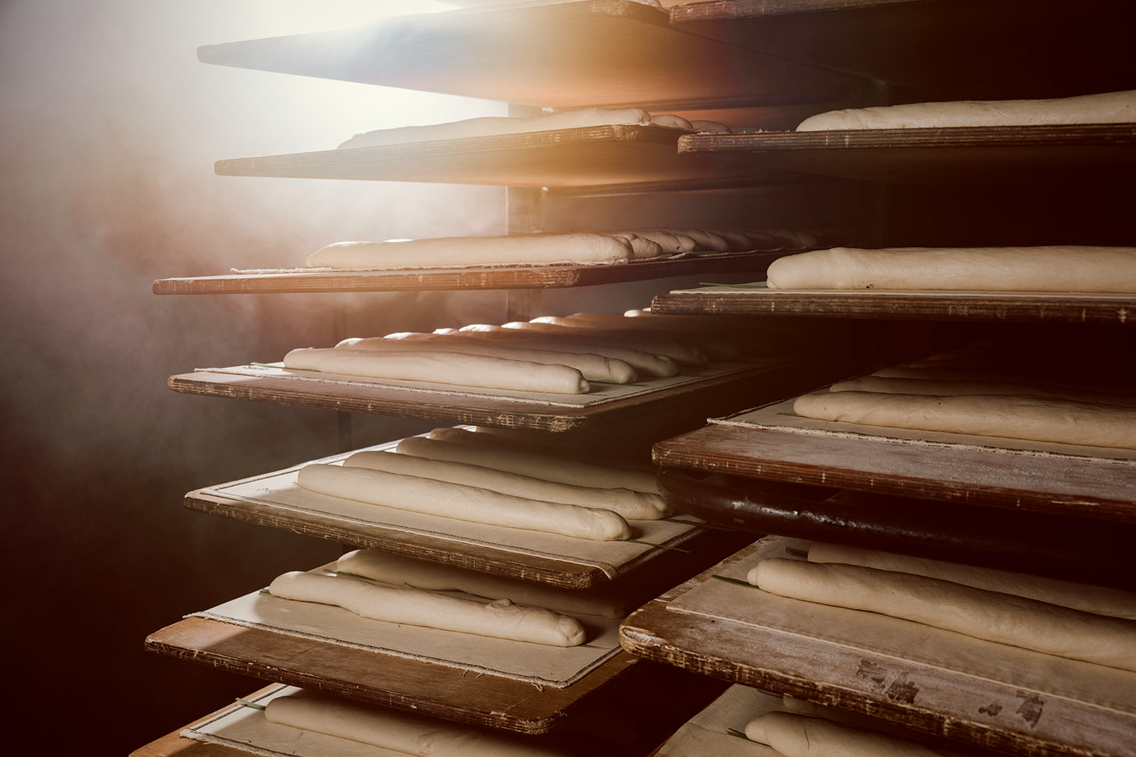 Wooden proofing boards stacked on a rack, each lined with shaped Cuban loaves rising, lit by hazy warm light and flour dust.
